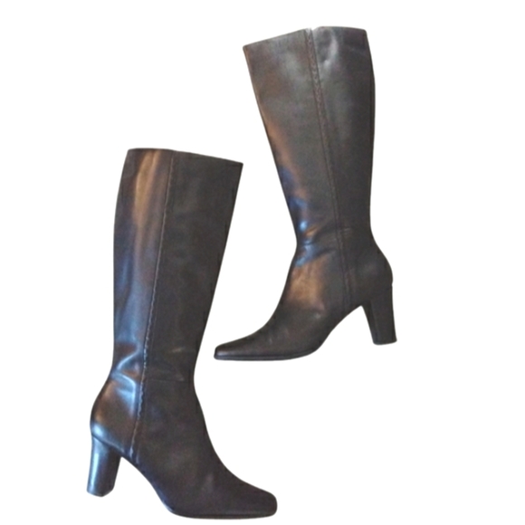 Black Knee High Heeled Leather Boots Women's size 9 - Picture 1 of 11